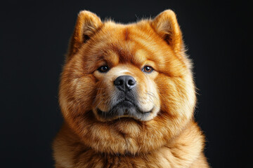 Closeup portrait of fluffy red Chow Chow dog with intense gaze and thick fur on dark studio background Generative AI