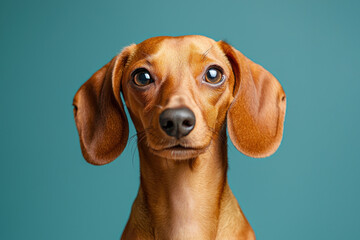 Closeup portrait of dachshund dog with large eyes and smooth brown coat against teal studio background Generative AI