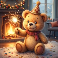 Teddy Bear celebratory holding a sparkler against a warm fireplace setting