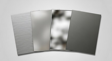 A compelling comparison of four distinct metal finishes and textures, including brushed, satin, polished (with reflections), and matte surfaces, arranged side-by-side on a clean, neutral background.