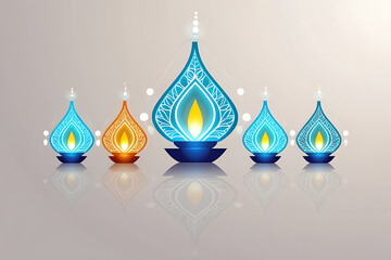 "Abstract futuristic Diwali illustration showing glowing diya forms made of light trails and geometric patterns, with minimal gradients and modern vector symmetry, isolated on a soft white background.
