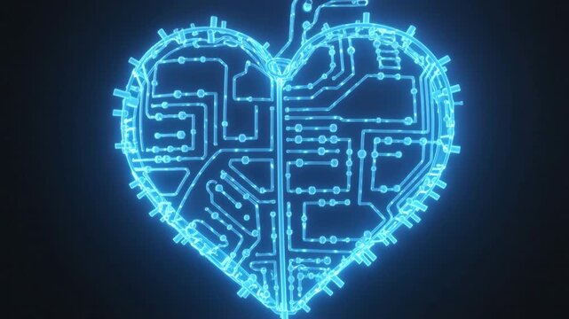 Neon Blue Circuit Board Heart Shape on Black Background love romance.