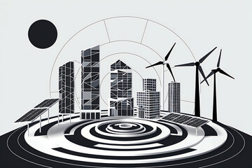"Abstract geometric vector illustration representing sustainable city and renewable energy, with solar panels, wind turbines, and eco-buildings made from polygonal lines and concentric circular shapes