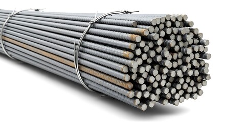 A tightly bundled stack of steel rebar, essential reinforcement bars for concrete, presented in a close-up shot with a sharp focus on its textured surface and bundled ends. 