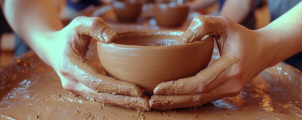 Closeup of hands shaping a clay bowl on a pottery wheel. The rich, earthy tones and textures highlight the artisans skill and the process of creation.