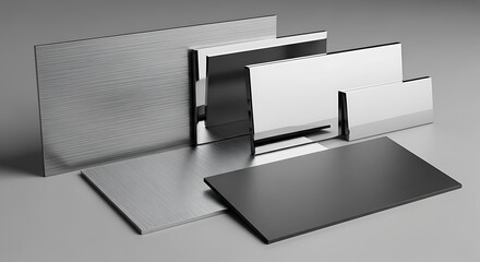 A diverse arrangement of metal sheets and plates, showcasing various finishes including brushed, polished, and matte textures, laid out on a neutral surface.