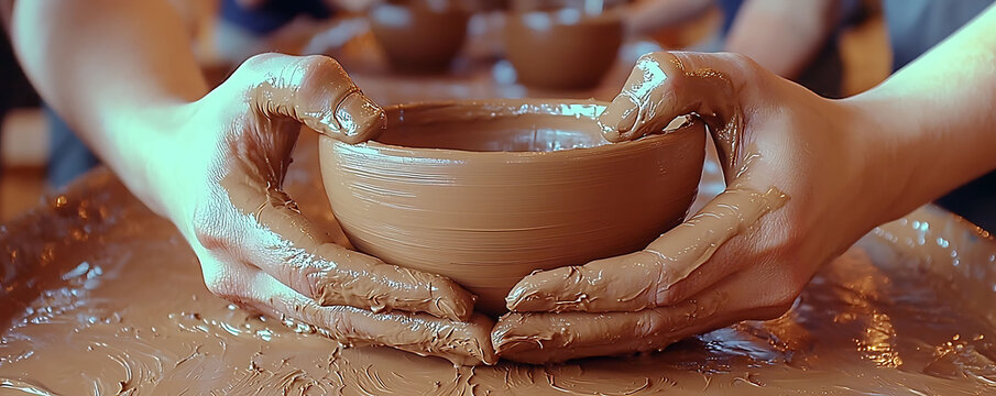 Closeup of hands shaping a clay bowl on a pottery wheel.  The rich, earthy tones and textures highlight the artisans skill and the process of creation.