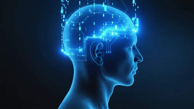 Profile of a human head with glowing blue digital brain and data input face.