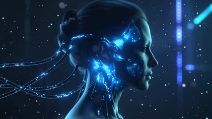 Profile of a Woman's Head with Blue Digital Circuits and Glowing Connections technology. - Powered by Adobe