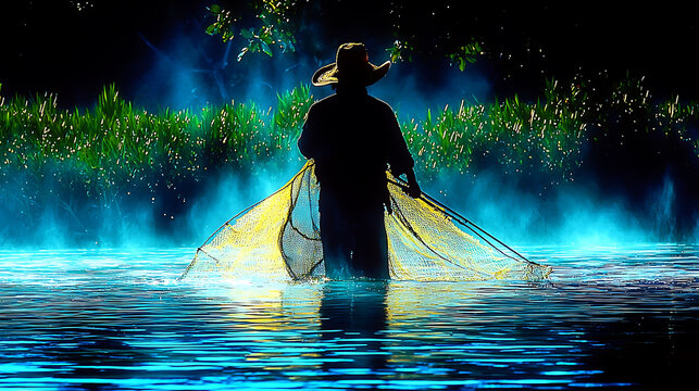 Silhouette of a fisherman casting a net at dawn, creating a mystical and atmospheric scene.