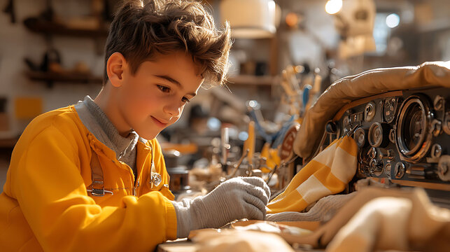 A young boy, wearing a bright yellow jacket, meticulously works on a vintage vehicles instrument panel. - Powered by Adobe