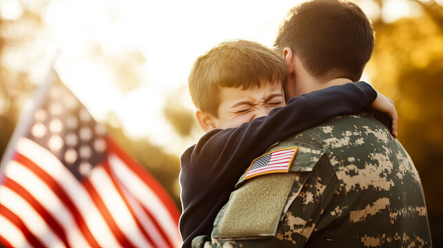 Touching Reunion: A Soldier's Embrace with his Son after Deployment for Veterans, Memorial Day concept. Lettering Veterans Day. Honoring All Who Served