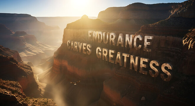 Inspiring 'Endurance Carves Greatness' message emblazoned on majestic canyon cliffs at sunrise, with an eagle soaring below in breathtaking natural wonder.