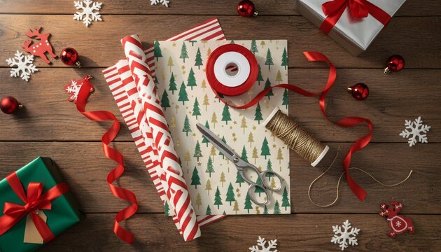Christmas Gifts and Decorations on Dark Wooden Background