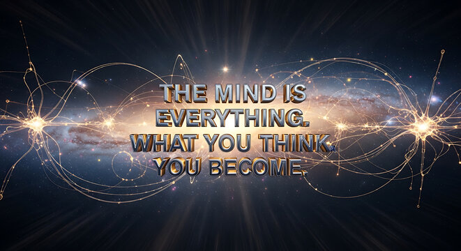 Inspiring quote "The mind is everything what you think you become" set against a cosmic backdrop of galaxy and neural network sparks, symbolizing thought and creation. - Powered by Adobe