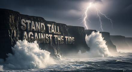 Powerful message etched into towering cliffs, inspiring resilience as massive waves crash against the shore under a dramatic lightning-filled sky, embodying strength and overcoming adversity.
