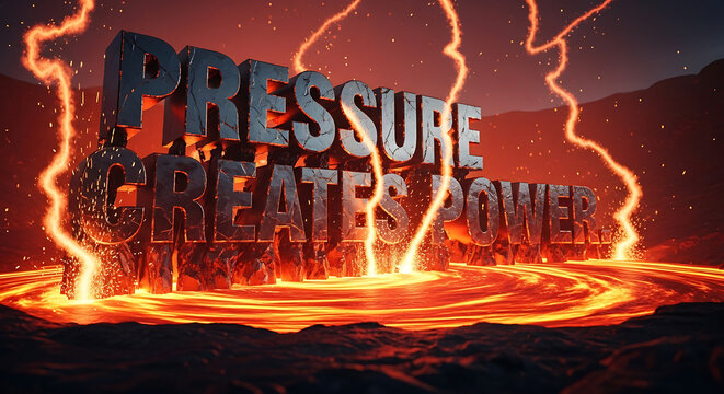 Dramatic 3D typography "Pressure Creates Power" emerges from molten lava surrounded by fiery energy and crackling sparks, embodying resilience and transformation.