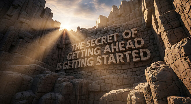 Inspiring motivational quote carved into a rugged stone cliff face bathed in golden sunbeams, symbolizing achievement and forward momentum.