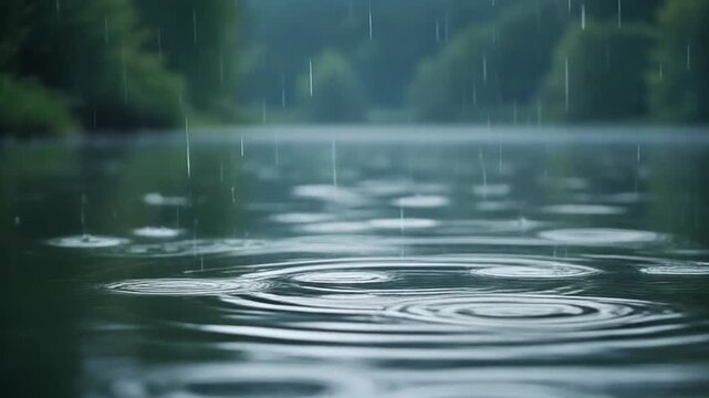 Raindrops falling on a lake creating ripples with trees in the background on a rainy day scene
