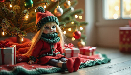 Christmas Doll cozy seated with wrapped presents against a twinkling tree