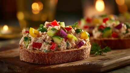 italian tuna salad bruschetta on rustic bread with colorful fresh ingredients