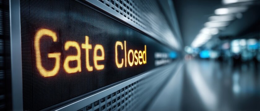 Airport gate closed sign on electronic display board