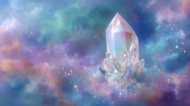 glowing crystal in pastel sparkling universe with radiant aurora light