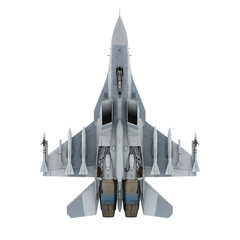 Top view of a gray military fighter jet aircraft with missiles military aircraft, cutout, PNG isolated on white or transparent background