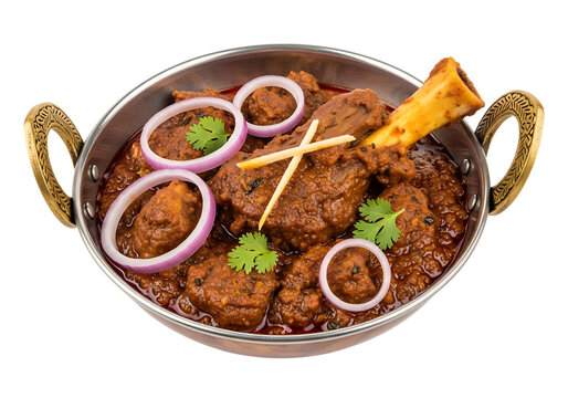 Indian lamb curry in a karahi isolated on transparent background