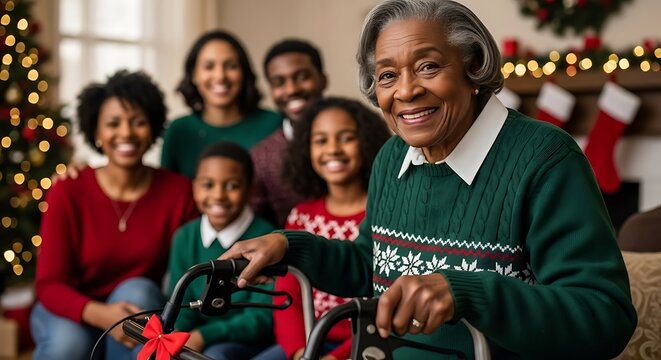 Grandparent using walker joining Christmas family portrait