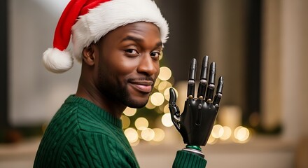 Man with prosthetic arm wearing Santa hat, smiling and waving at camera