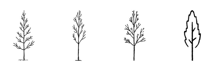 Fototapeta premium Four Tree Line Icons In Doodle Style. Nature, Growth, And Seasonal Change Representation Outline Sketch Collection. Hand Drawn Isolated Vector Illustration