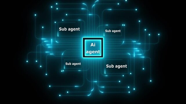 ai agent- businessman working with virtual reality at office. Glowing hexagon displays artificial intelligence agent text against a blue digital circuit backdrop. update ai sub agents system - Powered by Adobe