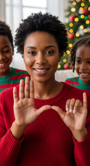 Mother using sign language to teach and say Merry Christmas to her kids