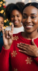 Mother using sign language to teach and say Merry Christmas to her kids