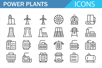 Energy production and distribution icon collection in editable stroke style
