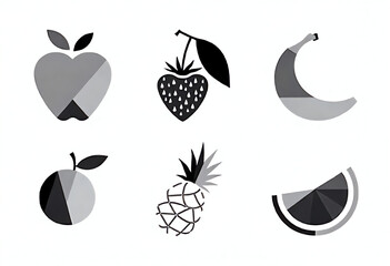 "Minimal geometric vector fruit set featuring abstract shapes representing apple, banana, strawberry, orange, pineapple, and watermelon — created from overlapping circles, triangles, and lines, modern