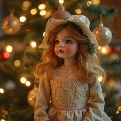 Vintage Doll serene posing in holiday attire against a glowing Christmas tree