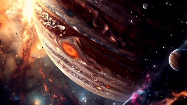 Planet Jupiter closeup. Digital art scifi wallpaper background. A vivid, highresolution digital artwork of a celestial body, possibly a planet, with swirling patterns and a radiant core.