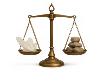 Scales of justice weighing feathers and stones, representing fairness, paradox, impossible balance, and difficulty, isolated on transparent background