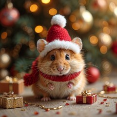 Hamster cheerful resting showcasing tiny holiday gifts against warm tree bokeh