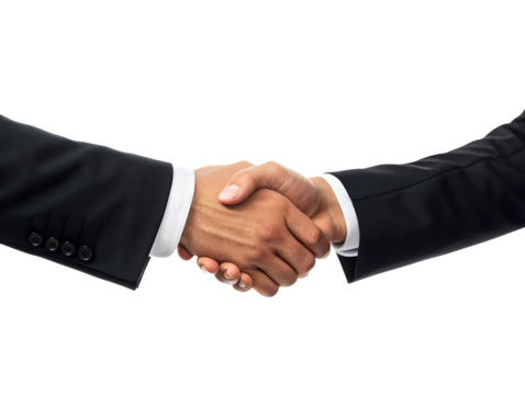 Two men in black suits shaking hands with white shirt cuffs visible, cutout, PNG isolated on transparent background