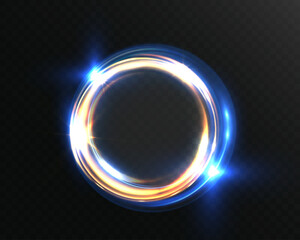Glowing blue and golden light ring with bright energy shine, luminous circular motion halo, futuristic neon swirl effect, sci-fi portal design on dark transparent background.
