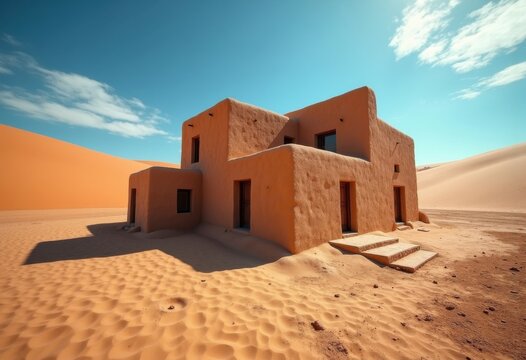 Authentic Mud Brick Adobe House Amidst Arid Desert Landscape Beneath Azure Sky