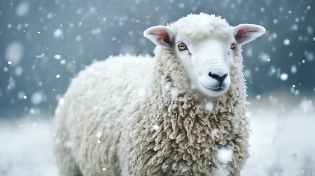 Woolly sheep in winter wonderland snow scene, creating a serene and peaceful atmosphere