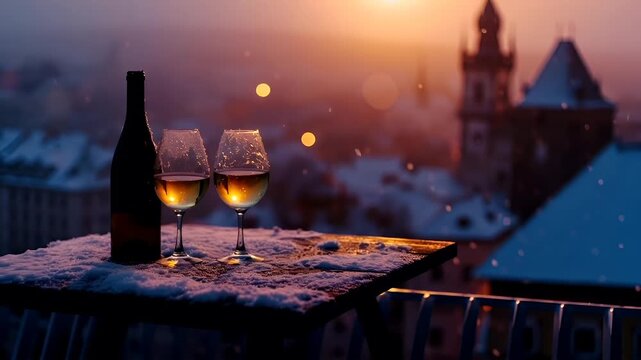 Prague, Czech Republic, Europe. snowcovered wooden table with wine glasses and a bottle of wine on itwine bottle and wine glass on snowy surface during sunset with cityscape backgroundwine glass.