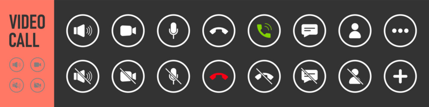 Set of Video call icons. Video conference. Collections buttons of on-line video chat app, internet talk, call technology. Web app ui display template. Videoconferencing and online meeting workspace