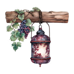 Fototapeta premium Watercolor Rustic Lantern with Grapevine and Grapes Clipart Vector 