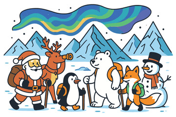 Santa claus and arctic animals enjoying northern lights in snowy mountains adventure