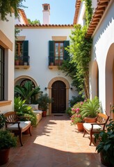 Naklejka premium Charming White Stucco Mediterranean Villa with Enchanting Central Courtyard Captivating Spanish Influence